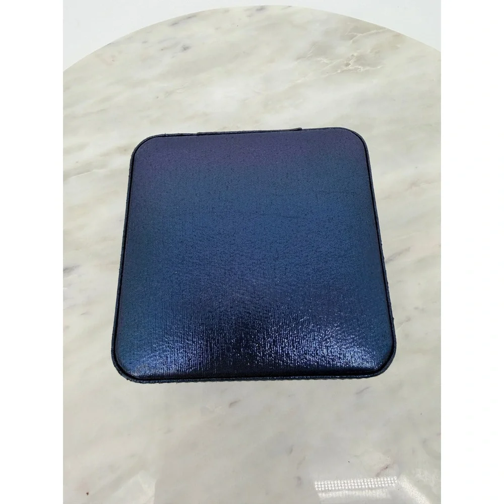 Metallic Navy Blue Travel Jewelry Case Organizer Mirror Square Zip Small
